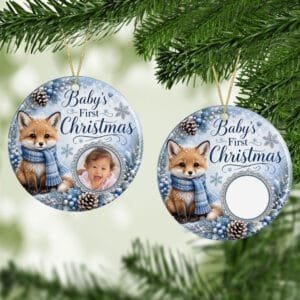 Ceramic Christmas Ornament with Fox and space for a custom image
