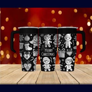 Gingerbread festive design custom engraved on a black powder coated tumbler