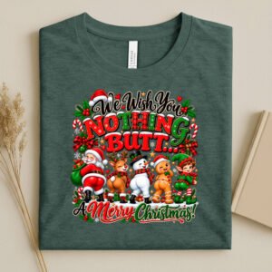A Green Bella Canvas T-Shirt with Santa ,Reindeer, snowman gingerbread man and elf graphic
