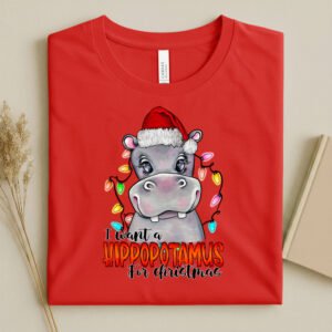 Bella Canvas Red t-shirt with a christmas hippo design and text I want a hippopotamus for Christmas