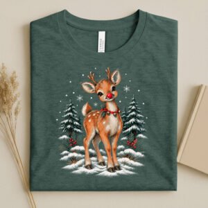 Bella canva Heather Olive t-shirt adorned with a vintage Reindeer in a forest of trees and snow Graphic