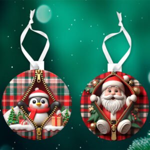 Flat sublimated christmas ball shaped orament with graphic of a penguin and santa on the ornament