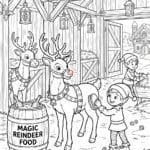Santa's Elves at stable with reindeer free coloring page
